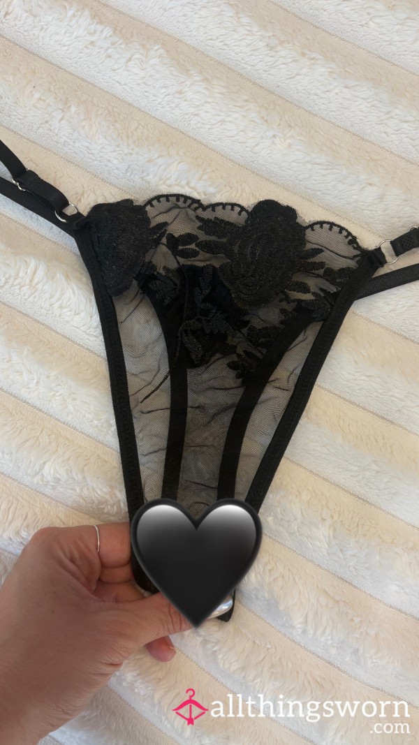 🖤 Black Rose Embroidered Mesh Thong