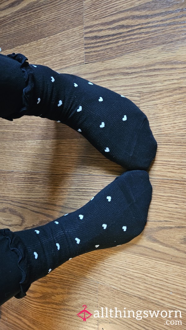 Black Ruffle Socks With White Hearts