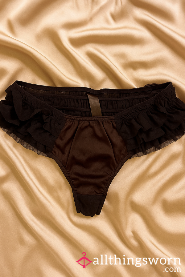 Black Satin And Mesh Ruffle French Panties
