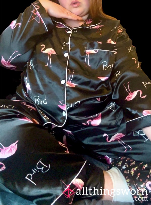 🦩 Black Satin Flamingo Print 5XL Pyjamas 🦩