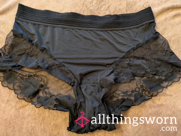 Black Satin French Knickers With Lace Sides - 24 Hours Wear Included In Price