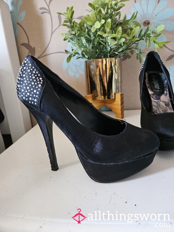 Black Satin High Heels With Diamanté Detail Well Worn By Goddess Ideal For All You Foot Worshippers Slaves And Sissy's Size Uk 4