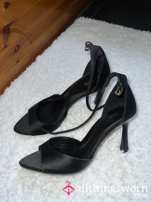Black Satin Open Toe Heels 👠