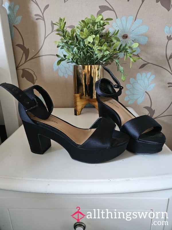 Black Satin Platforms Well Worn By Goddess Straps Go Round The Ankle Ideal For All You.heel Worshippers Size 4