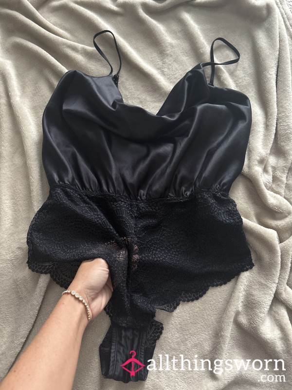 Black Satin Silk Lace Teddy Body Bodysuit Lingerie Women’s Size 12 Uk