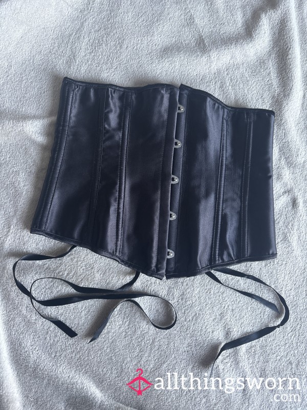 Black Satin Silky Lace Up Corset Ribbon Well Worn Used Size Medium
