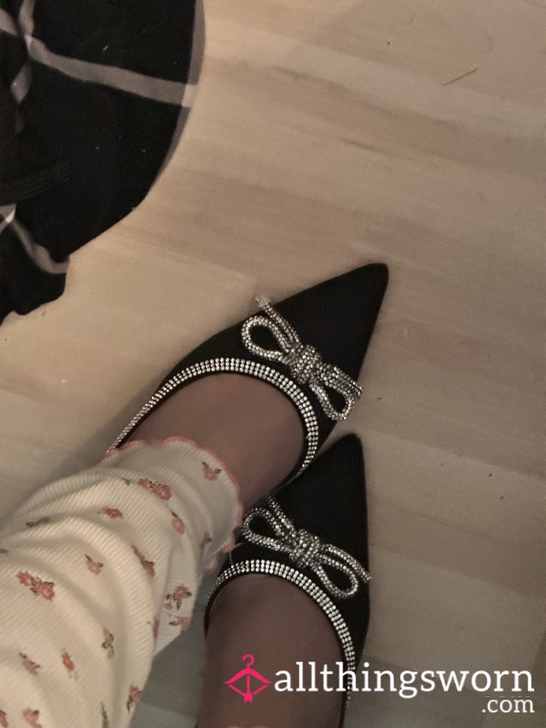Black Satin Well Worn High Heels With Bow Detailing