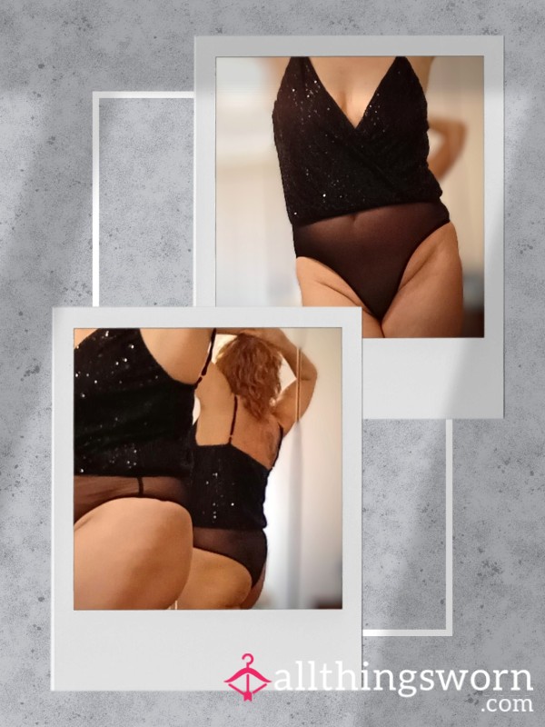 Black Sequin Bodysuit With High Cut Sheer Snap Crotch Bottom