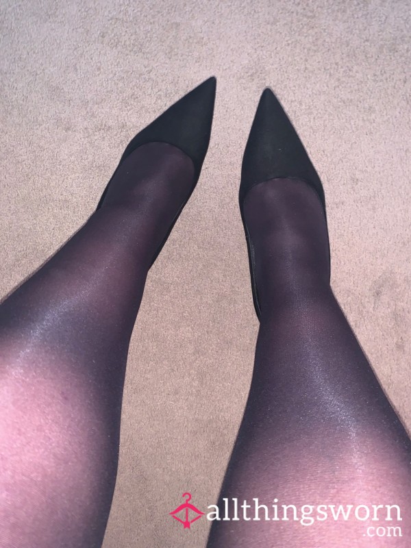 Black Sheer Support Tights With A Reinimposed Toe And Heel. Black Faux Suede High Heels, On And Off!