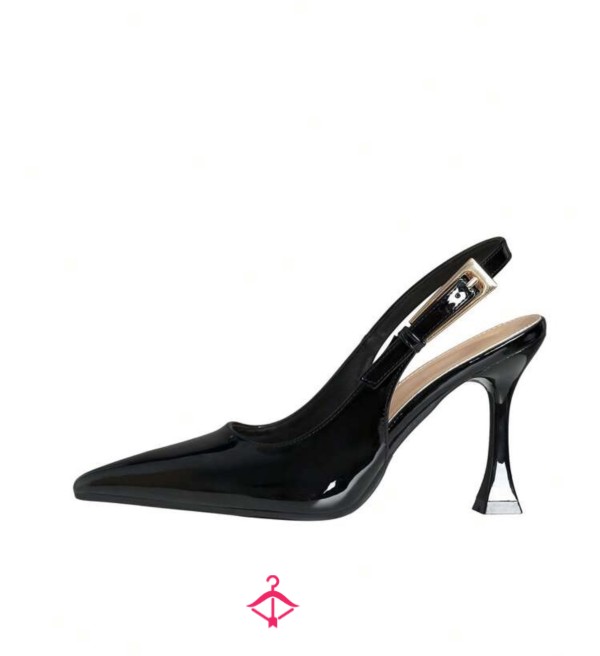 Black Shiny PU Backless Pumps With Strap Size US9