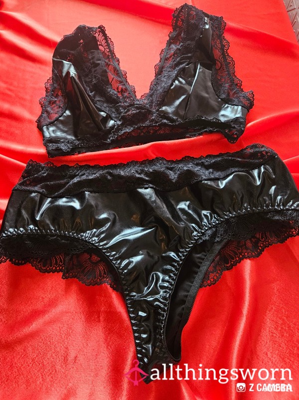Black Shiny Pu Pleather And Lace Set Can Be Worn For 48hr