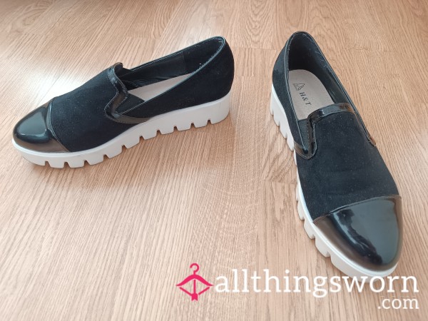 Black Shoes With White Platform Shiny Tip