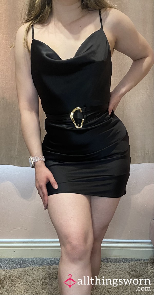 Black Silk Satin Cowl Neck Dress