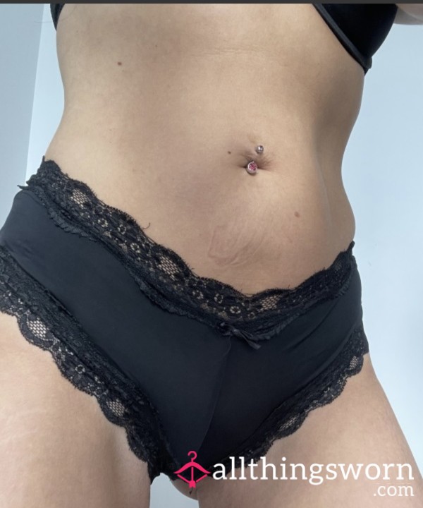 Worn Black Silky And Lacy Cheeky Brazillians