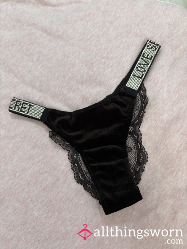 Black Velour Velvet Love Secret Diamond Band Thong