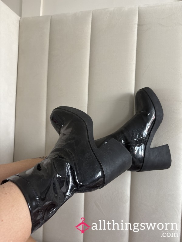 Well Worn In Black Skinny Pvc Look Chunky Platform Boots Size 6 Women’s