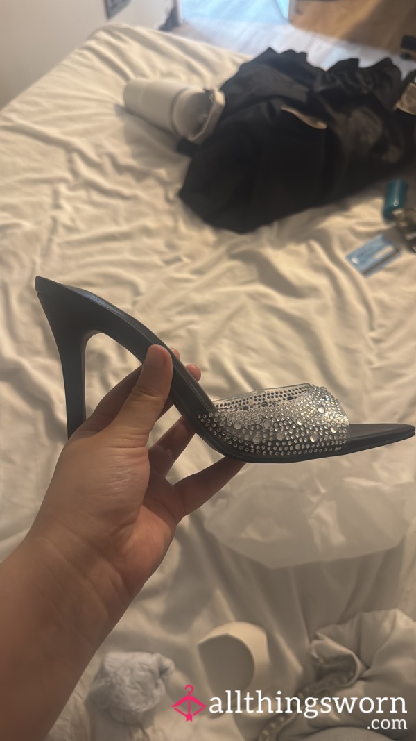 Black Sparkly Open Toe Mule Heels