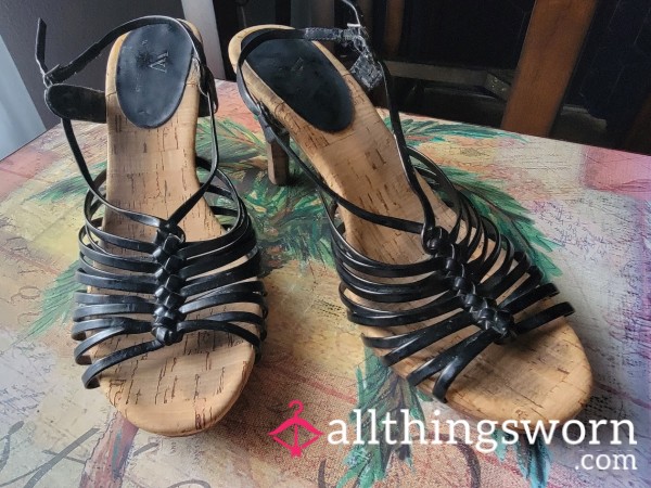 Black Strappy, Heavily Worn, Beige And Black High Heels, Size 8