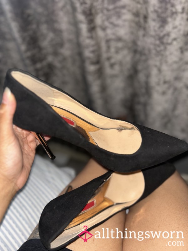 Black Suede Court High Heels Well Worn