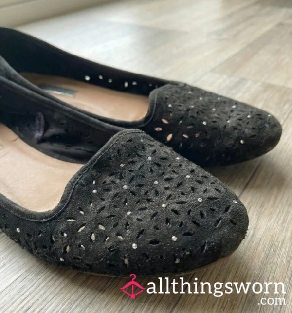 Black Suede Laser Cut Flats With Rhinestones  Pretty On The Outside. Filthy On The Inside.