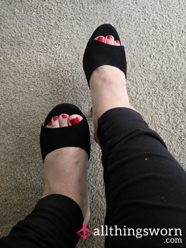 Black Suede P**p Toe Mules