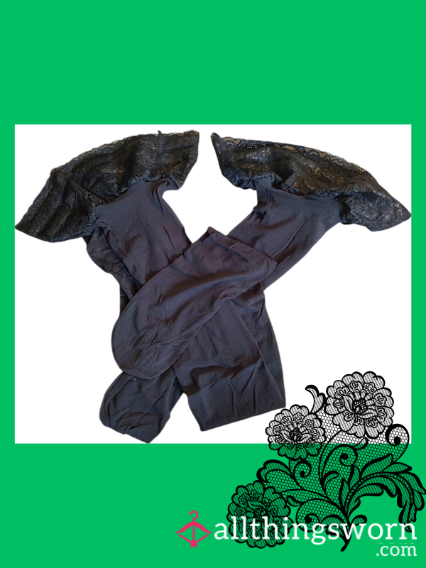 Black Thigh High Nylons With Lace Accents (2 Pair)