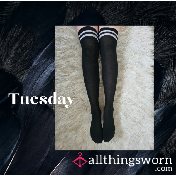 Black Thigh High Socks With White Stripes