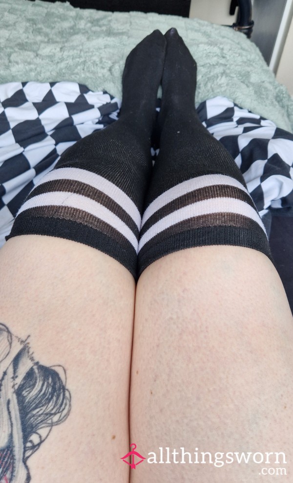 Black Thigh-High Socks With White Stripes — Tight, Warm & Deliciously Worn 🖤🩶
