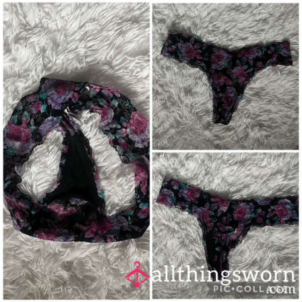 Black Thong With Flor*l Print