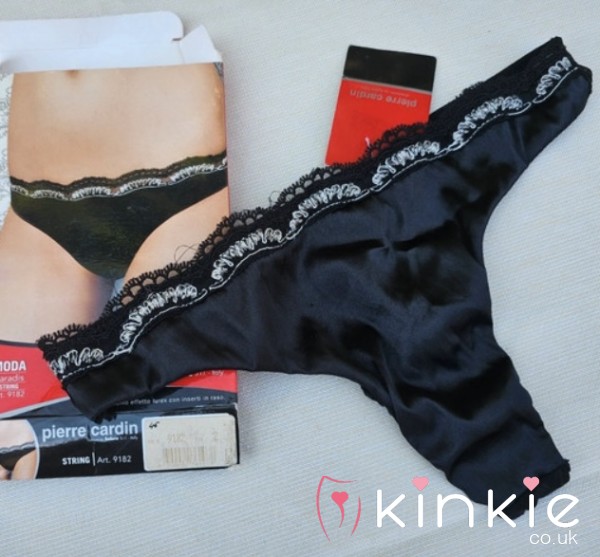 Black Thong With Lace Trim.