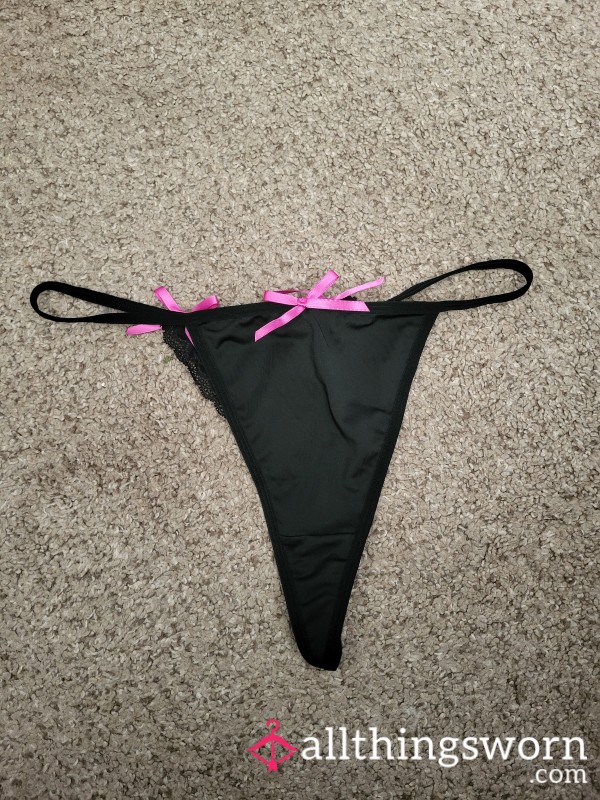 Black Thong With Fuchsia Pink/ Purple Lacing & Bows