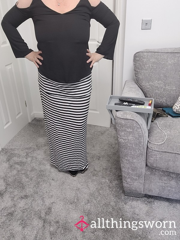 Black Top And Stripe Skirt