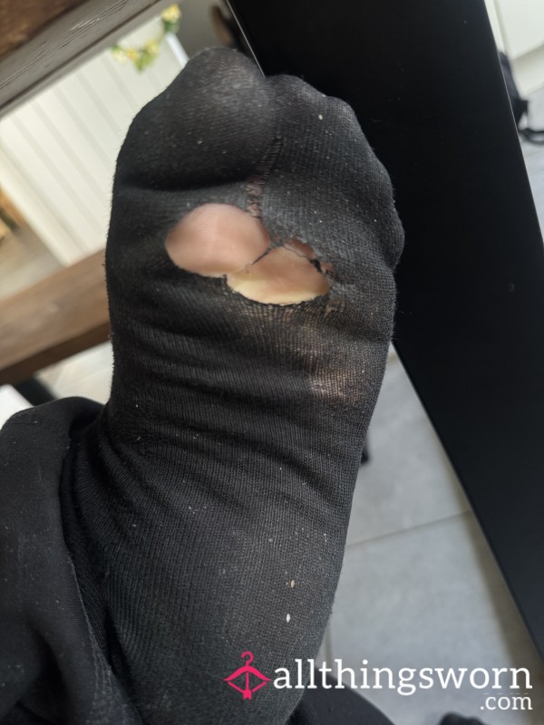 ☢️⚠️ Black Trainer Socks, Well Worn With Hole.