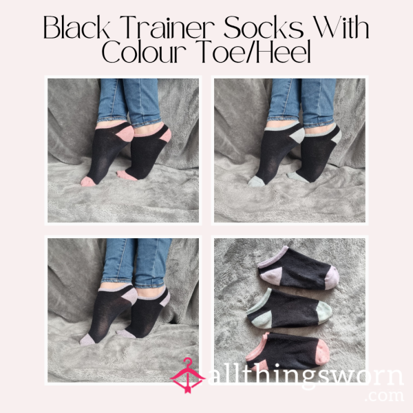 Black Trainer Socks With Colour Heel/Toe | 3 Days Wear | Includes Pics & Clip | See Listing For More Info - From £20 + P&P