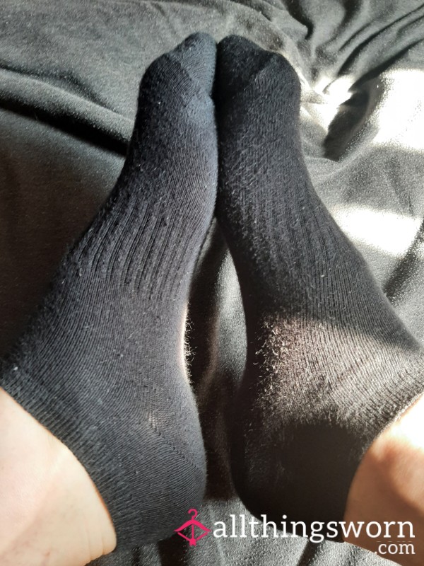 Black Trainer Socks Worn All Day By Goddess