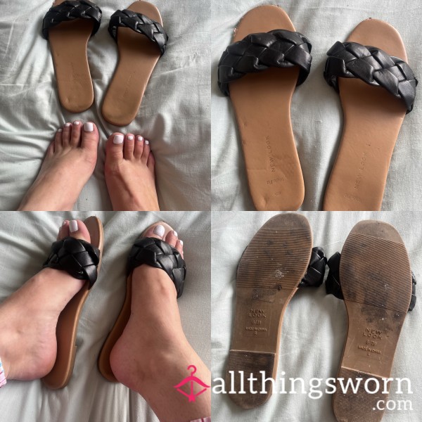 Black Vegan Leather Woven Sliders 👅🦶🏼