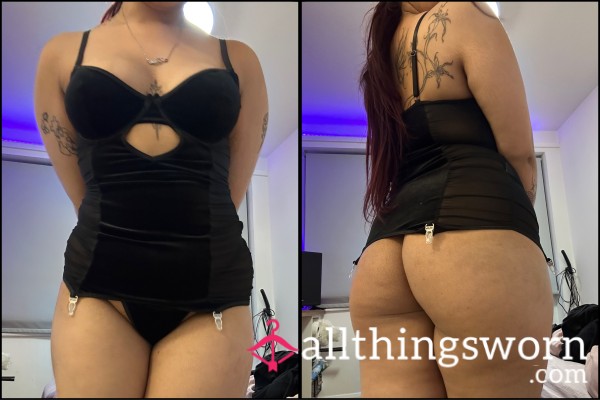 Black Velvet/mesh Dress And G-string Set 🫶🏼