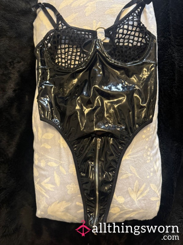 Black Vinyl Zip Bodysuit | Fetish PVC Lingerie