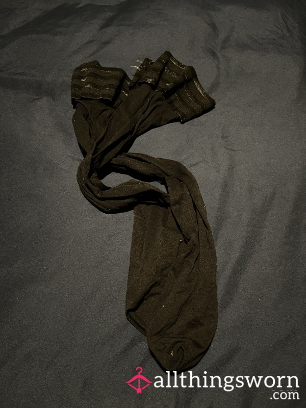 Black Well Worn Stockings Available For Purchase And Custom Red And Black Crotchless Photos