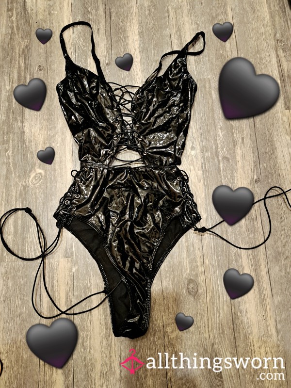 Black Wet Look Lace Up - Cut Out Onesie [ 3 SAVES 📌]