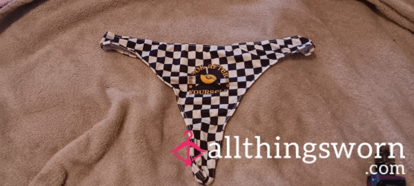 Black & White Checkered Smiley Face Spandex Thong- Size L