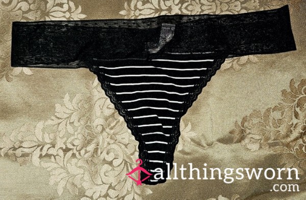 Black With White Stripes, Nylon N Lace Thong