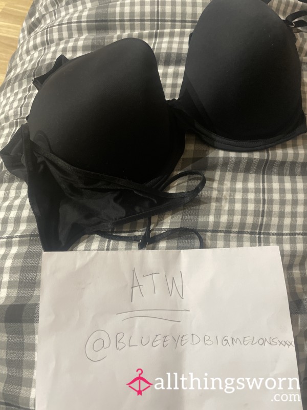 Black Worn Bra & Thong Set  🍒🍒💦