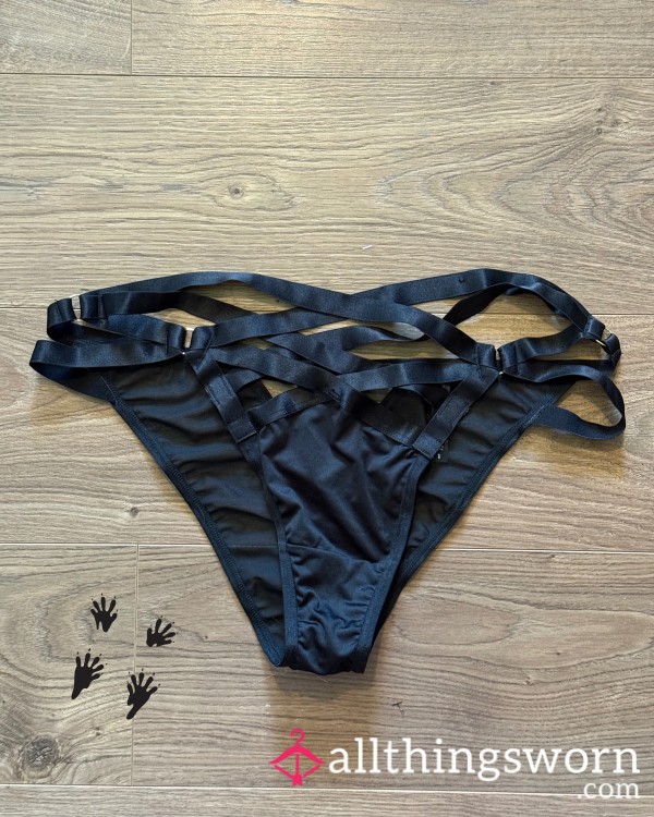 Black Woven Strappy Front Cheeky Panty With Mesh Back, O-Rings, & Keyhole Detail, Size 1X, For Custom Wear