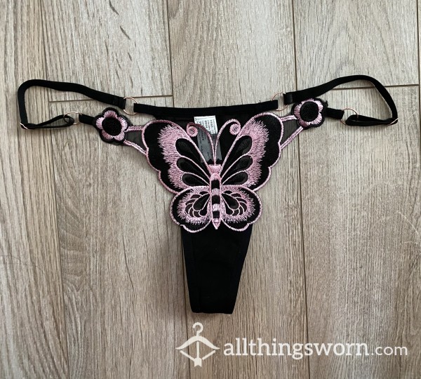 Black/Pink Mesh Bu*terfly Thong - Worn Your Way