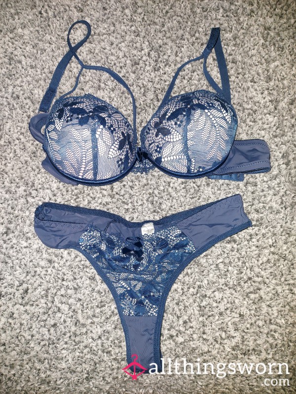 Blue And White Lace Bra And Thong Set,