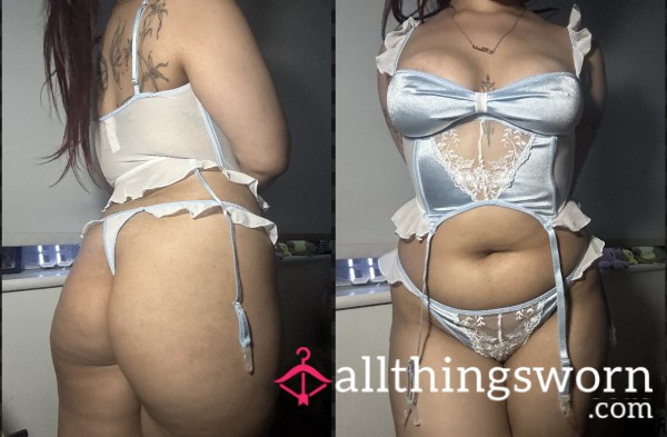 Blue And White Mesh Satin Ruffle Thong Set 🫶🏼