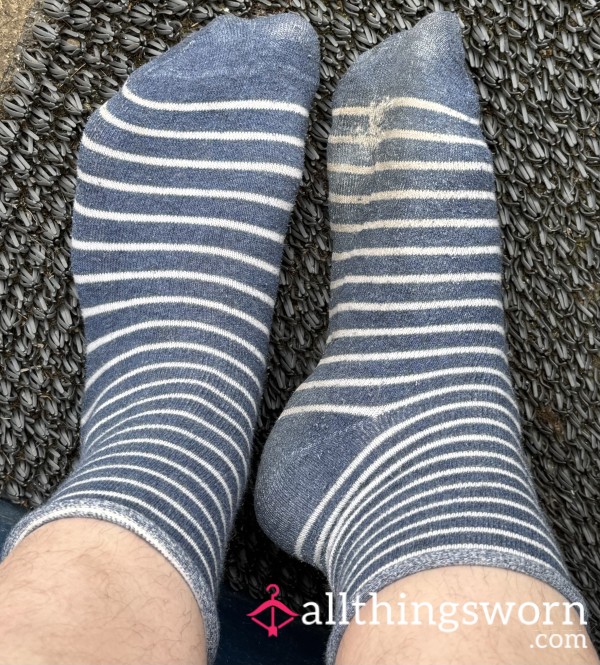 Blue And White Striped Cotton Crew Socks