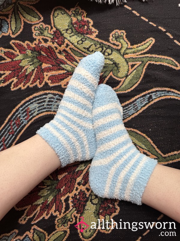 Blue And White Striped Fuzzy Socks