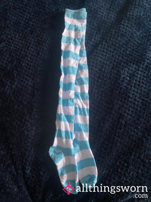 Blue And White Striped Knee High Socks
